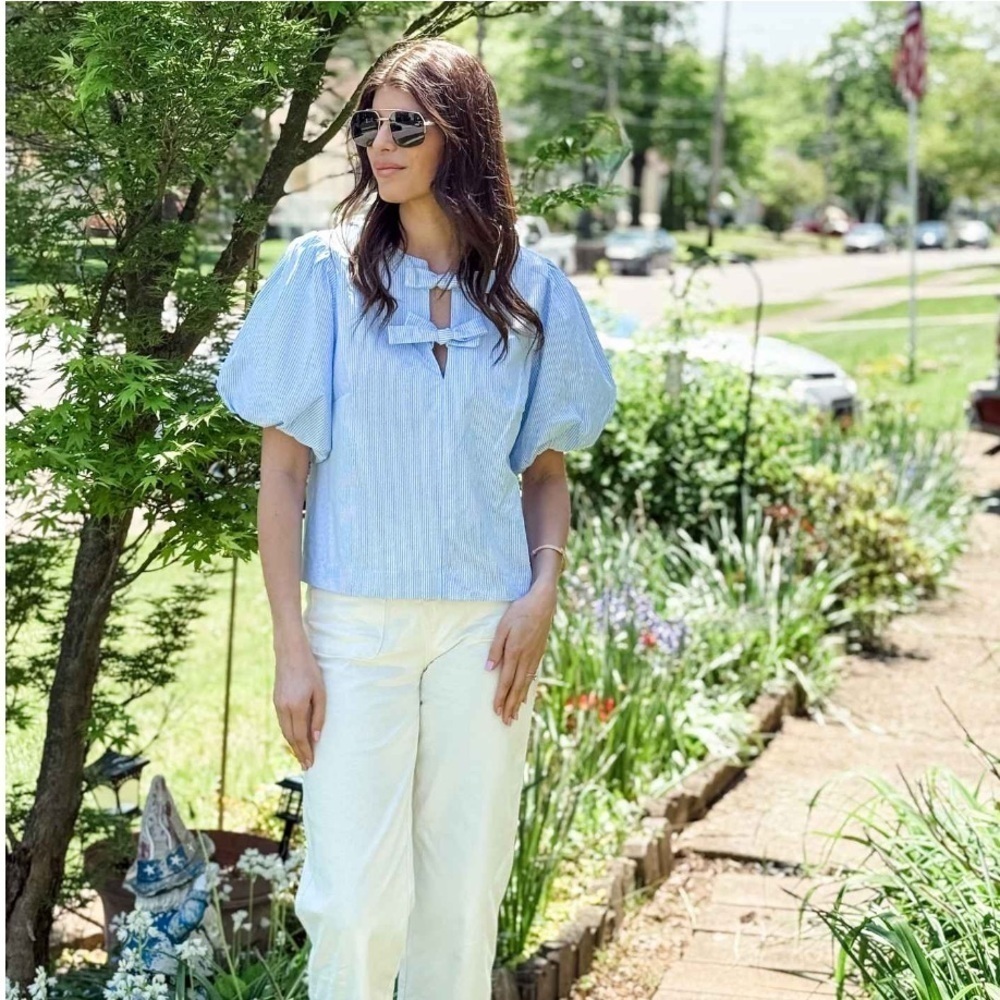 NWT Kate Spade x Target Stripe puff short sleeve blouse top Blue White XS - Picture 5 of 8
